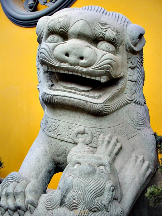 a Lion Statue at the Jade Buddha (Shanghai, China)