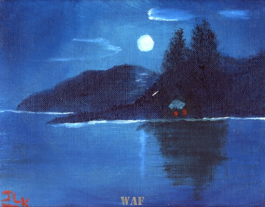 an oil painting of the moon over a house on a lake in the night sky