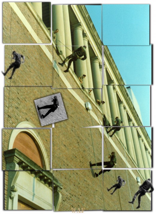 a collage of many Army R.O.T.C. members repelling off a wall