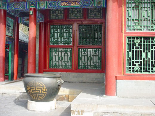 an urn at an outdoor hall at the Summer Palace (Beijing, China)